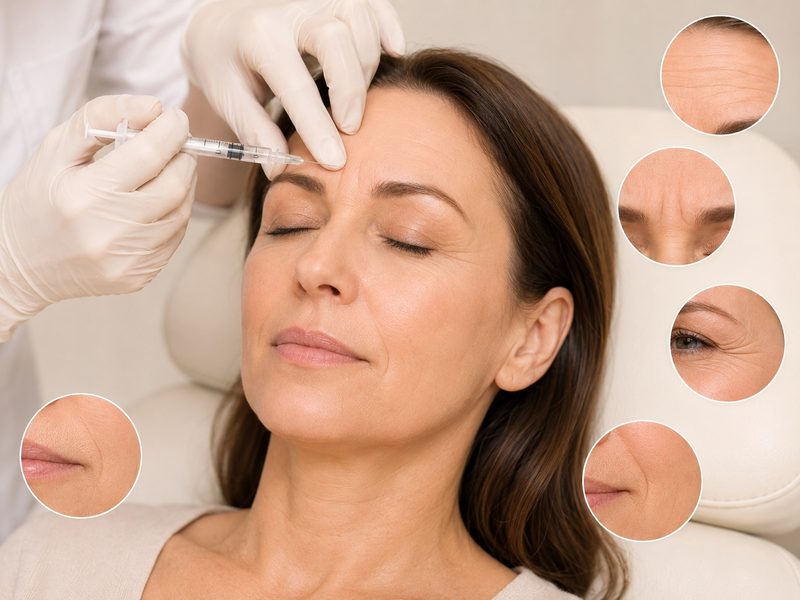 Injektion von Botulinumtoxin in die Stirn, daneben Detailaufnahmen von Stirnfalten, Zornesfalte, Krähenfüßen und Fältchen an der Oberlippe