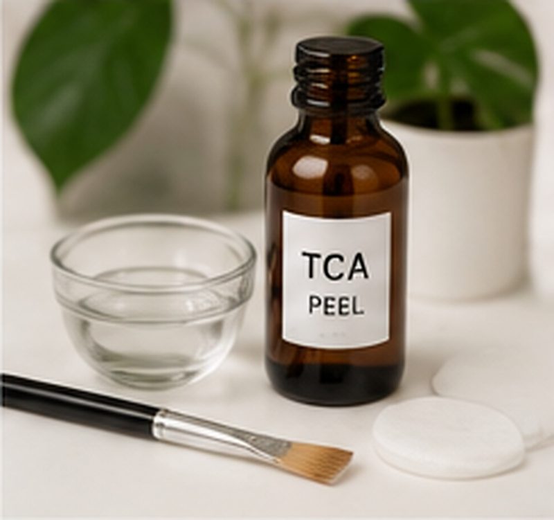 Fläschchen mit TCA-Peeling, Schälchen und Auftragepinsel